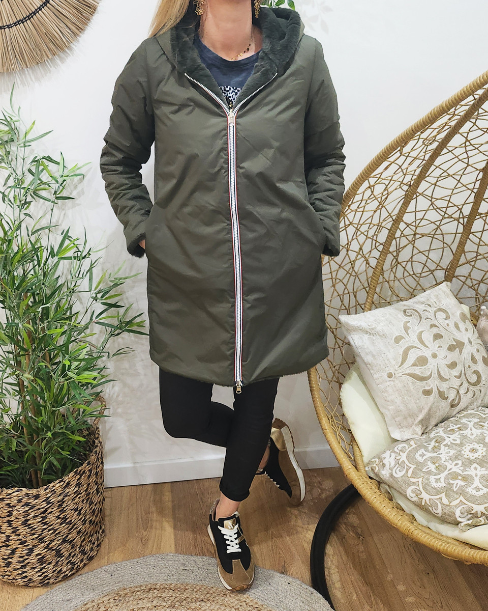 Parka femme longue réversible kaki fausse fourrure kaki