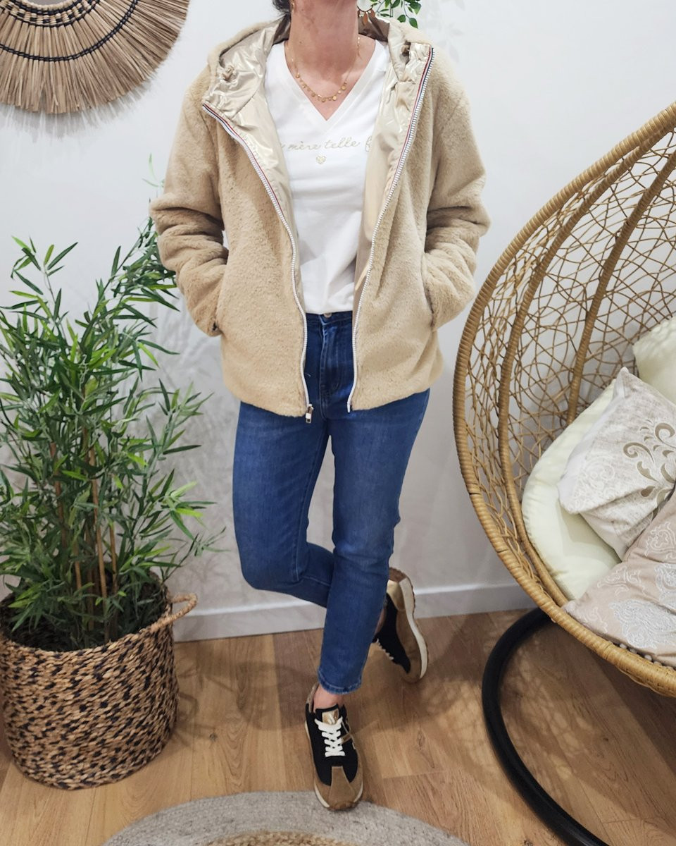 Parka femme dorée réversible fausse fourrure beige Sora