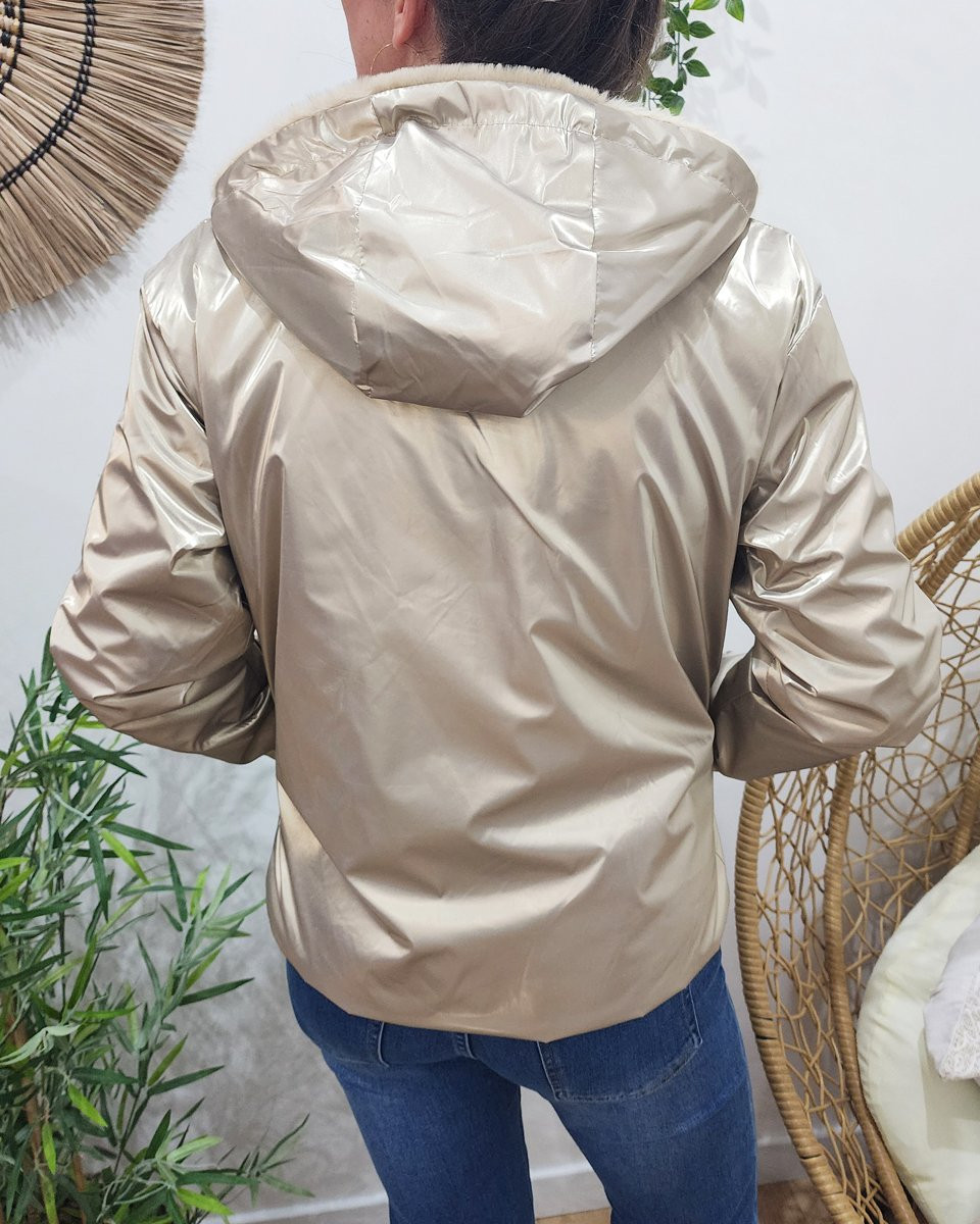Parka femme dorée réversible fausse fourrure beige Sora