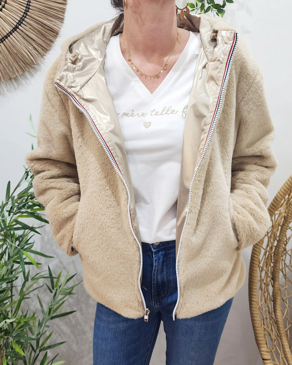 Parka femme dorée réversible fausse fourrure beige Sora