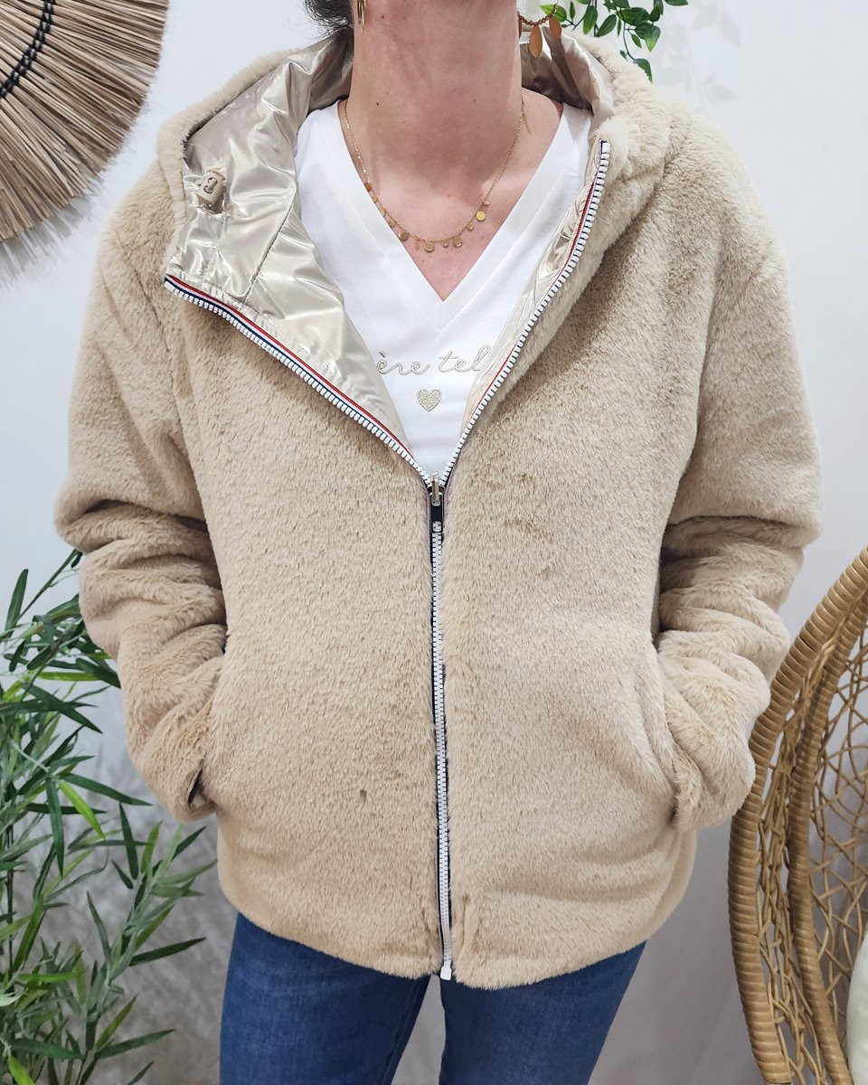 Parka femme dorée réversible fausse fourrure beige Sora