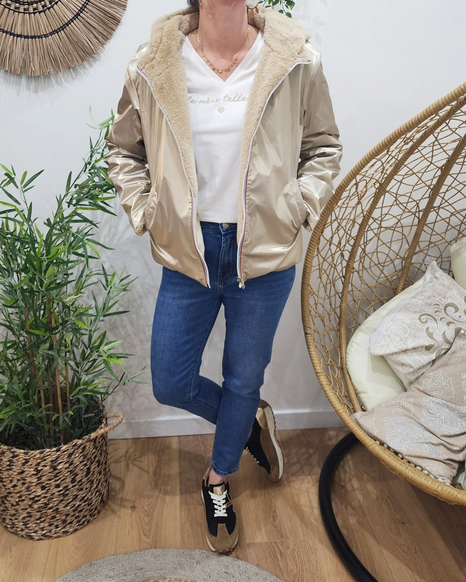 Parka femme dorée réversible fausse fourrure beige Sora
