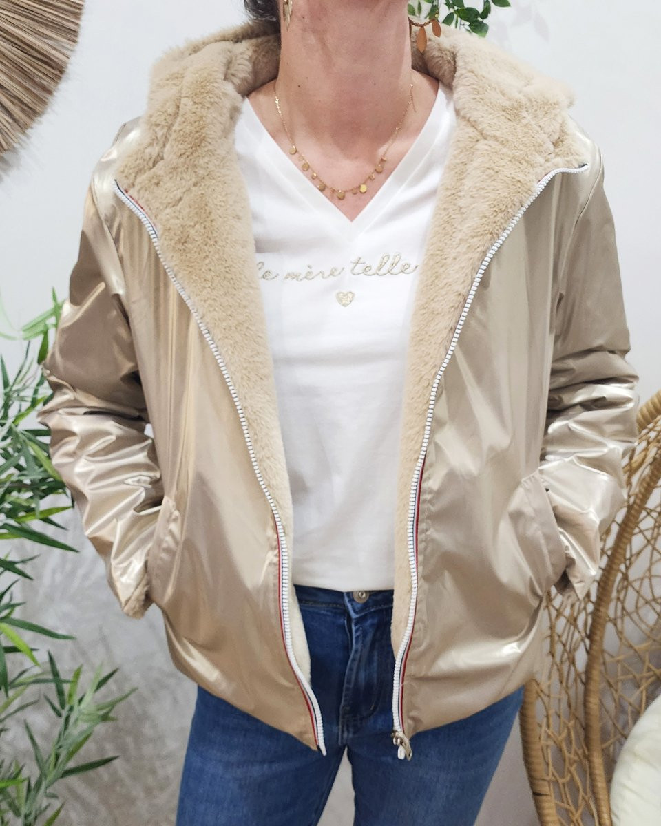 Parka femme dorée réversible fausse fourrure beige Sora