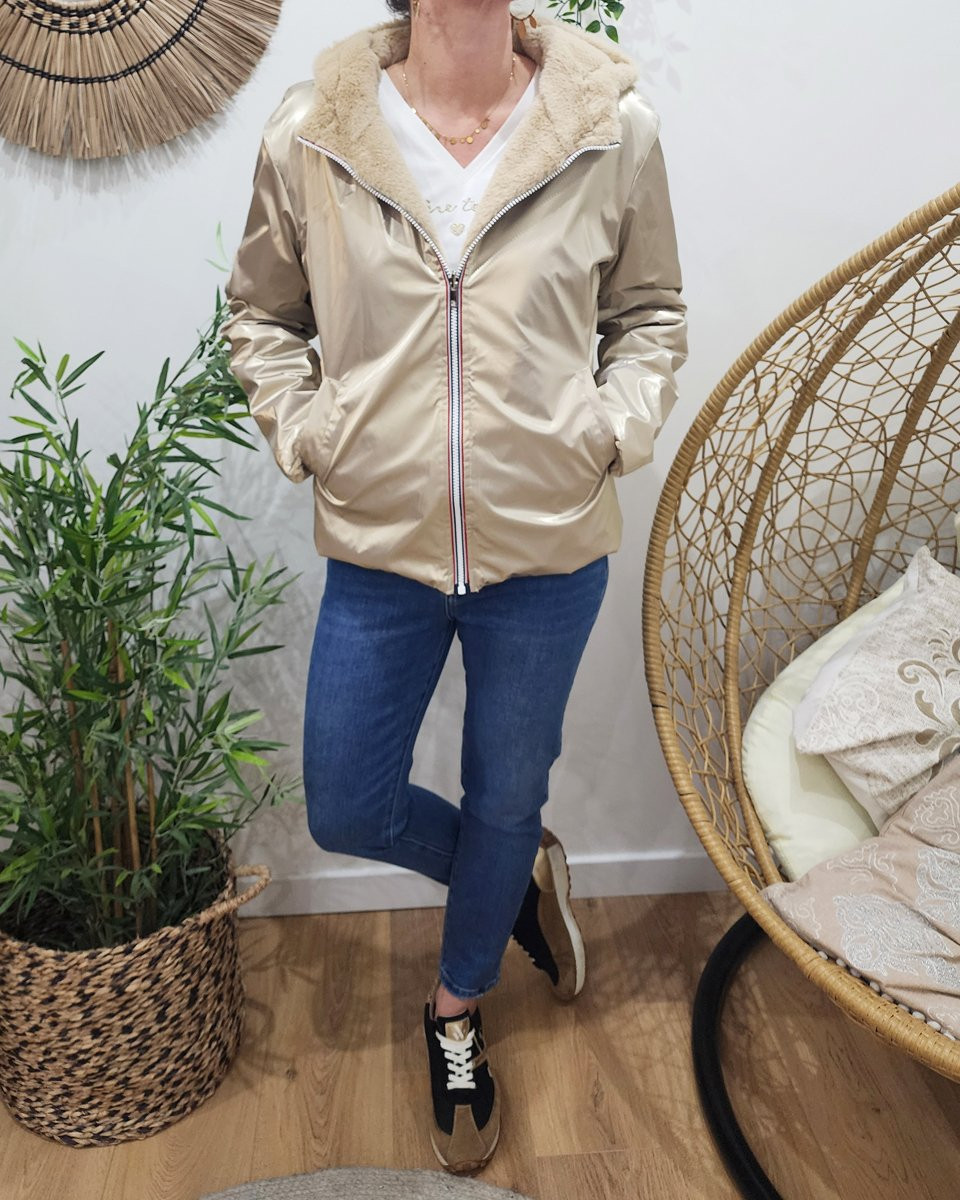Parka femme dorée réversible fausse fourrure beige Sora