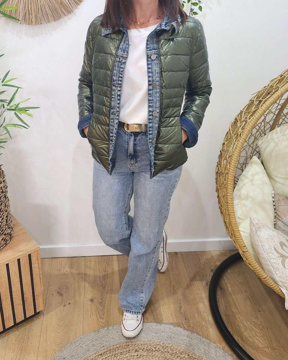 Doudoune femme kaki métallisé rebords jeans