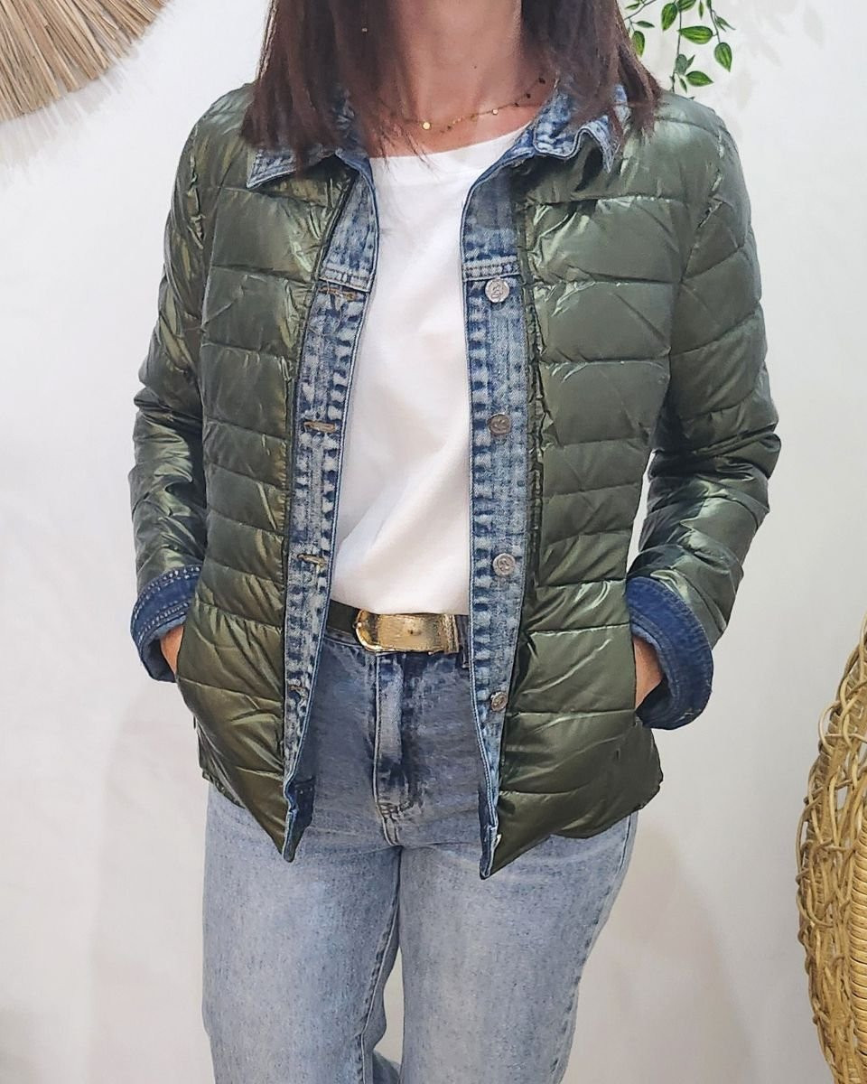 Doudoune femme kaki métallisé rebords jeans