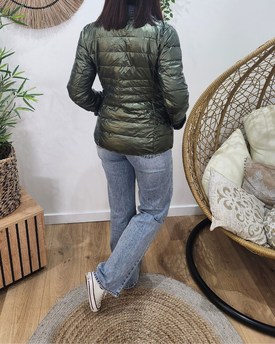 Doudoune femme kaki métallisé rebords jeans