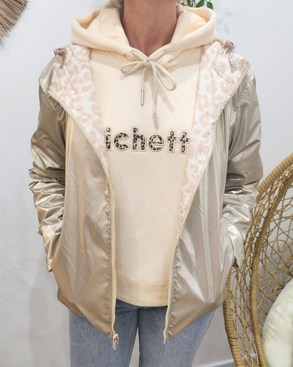 Parka fine femme courte réversible or et beige Léopard 