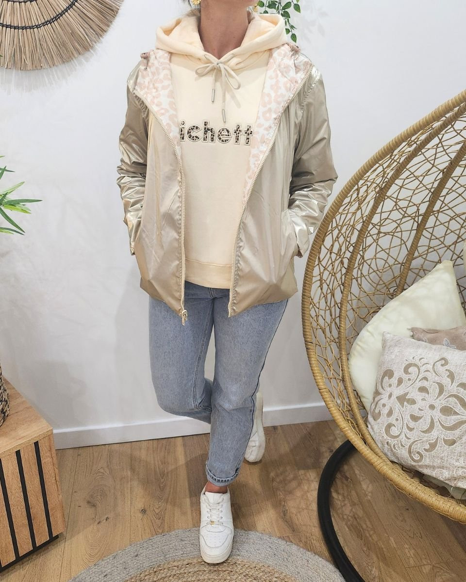 Parka fine femme courte réversible or et beige Léopard 