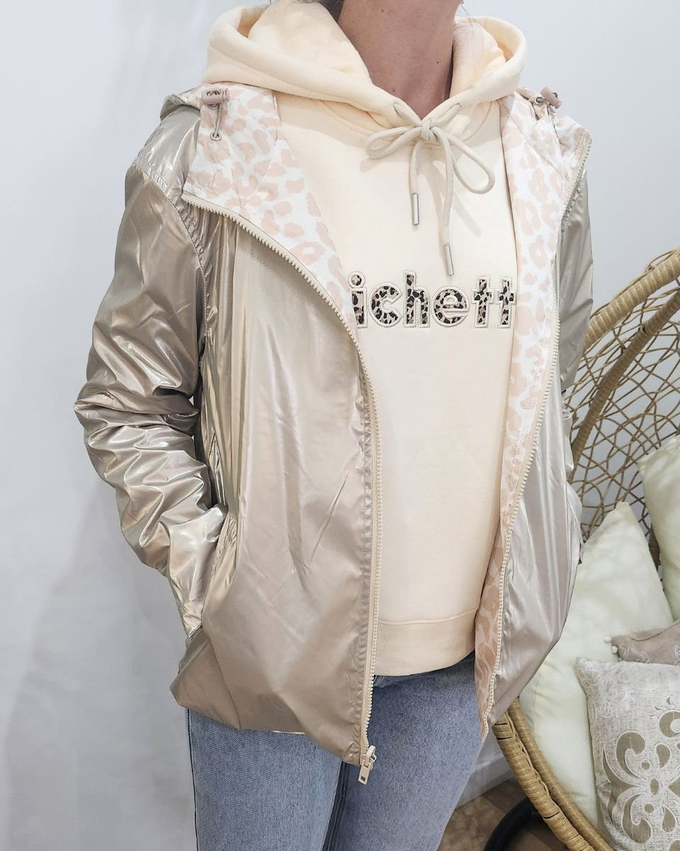 Parka fine femme courte réversible or et beige Léopard 