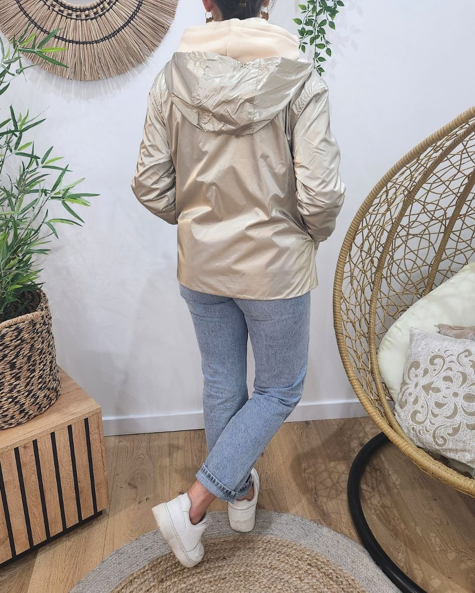Parka fine femme courte réversible or et beige Léopard 