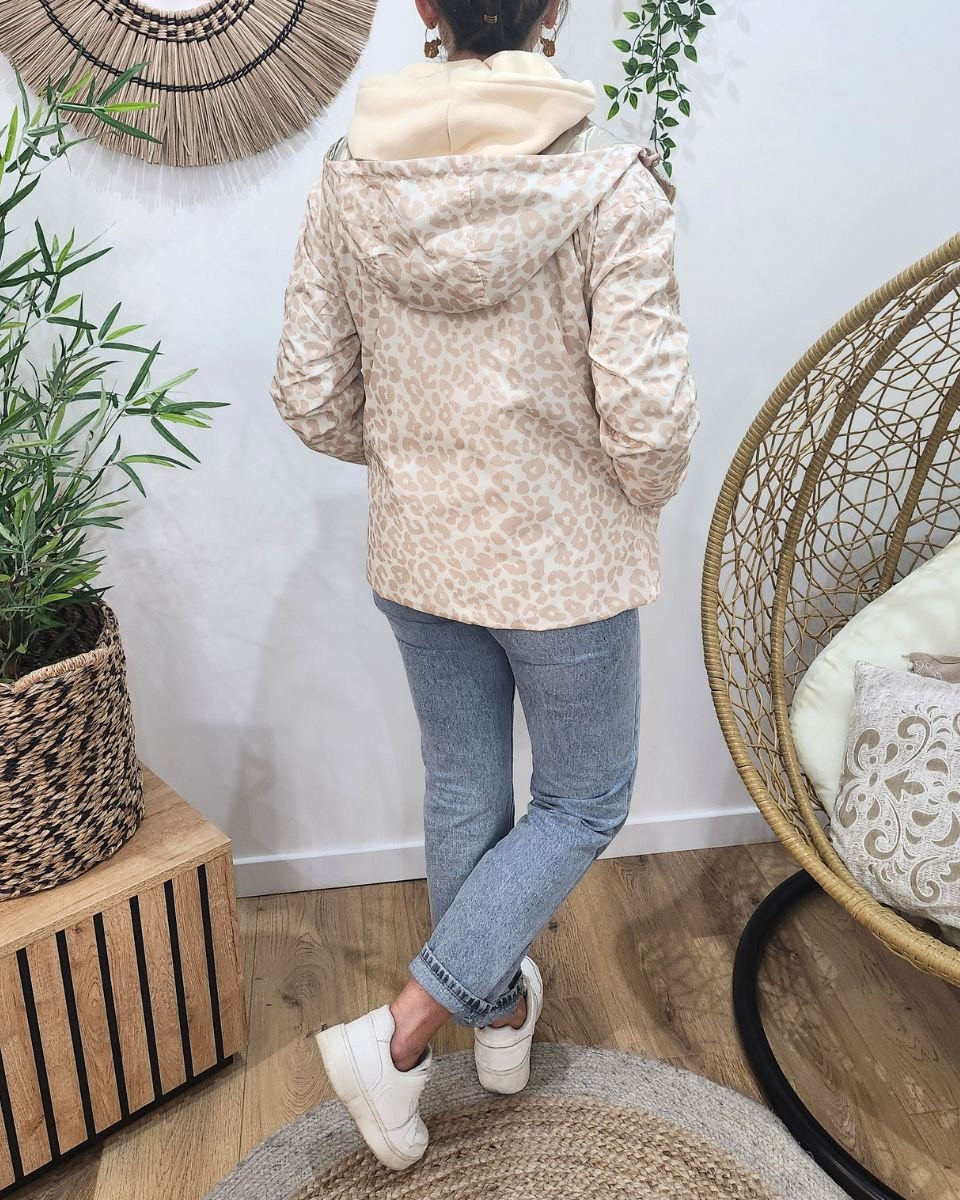 Parka fine femme courte réversible or et beige Léopard 