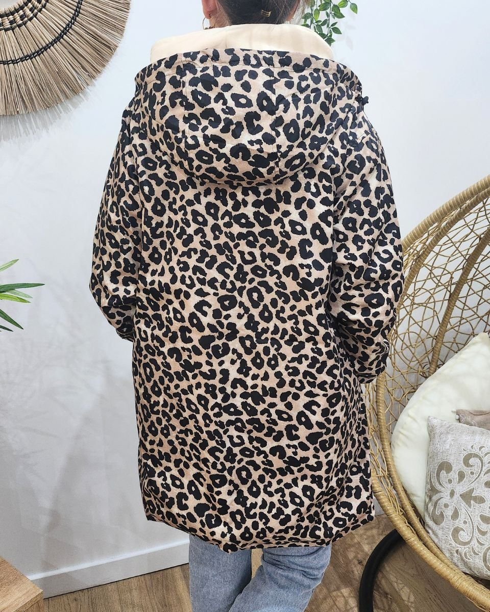 Parka fine femme longue réversible noire et beige Léopard 