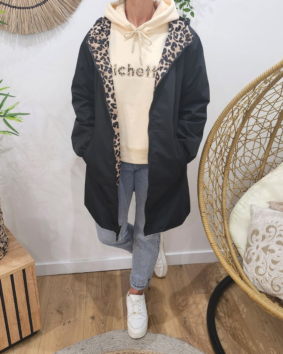 Parka fine femme longue réversible noire et beige Léopard 