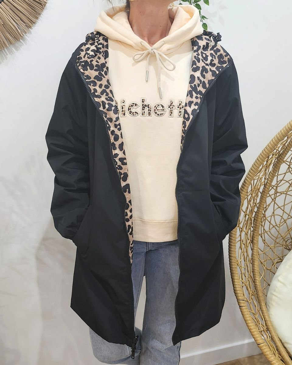 Parka fine femme longue réversible noire et beige Léopard 