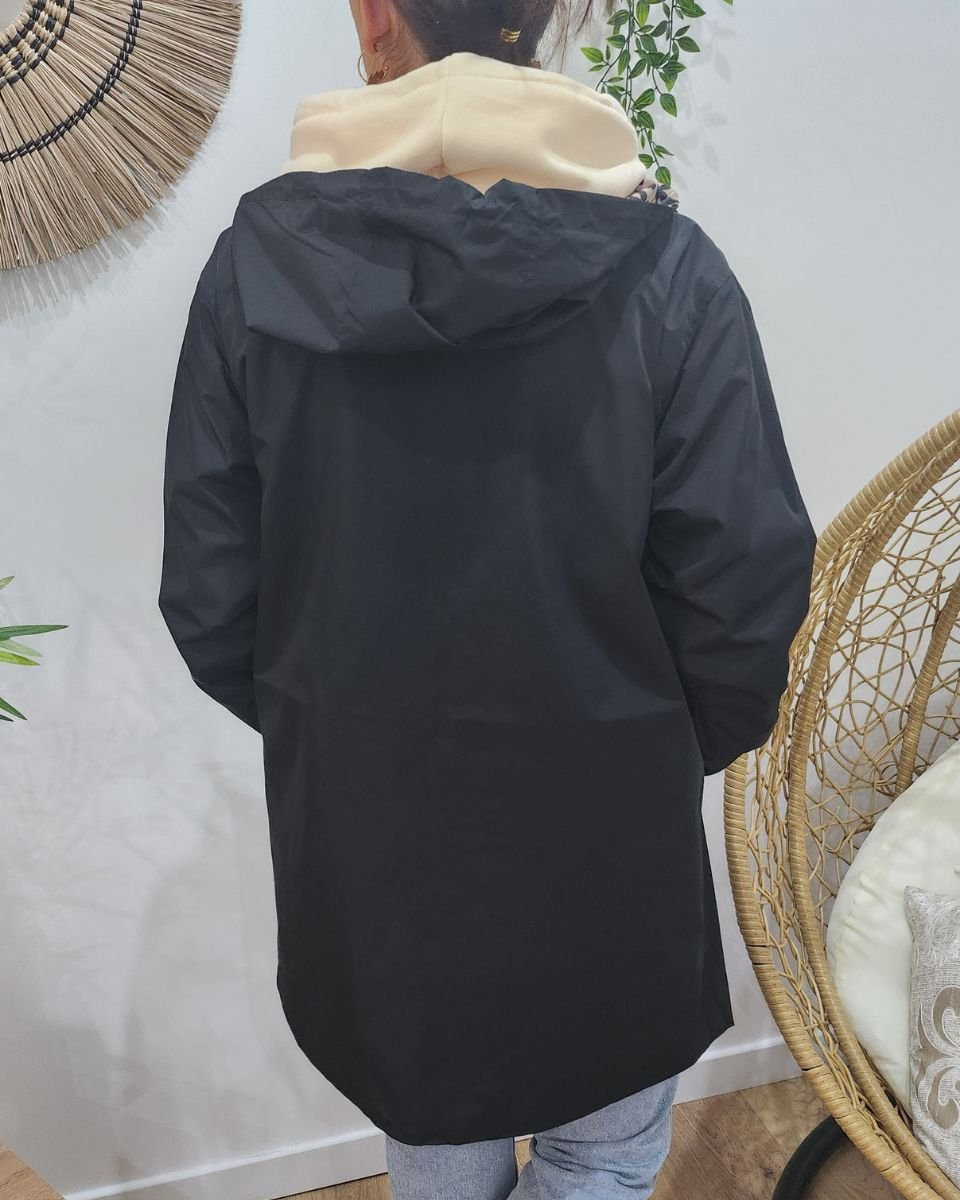 Parka fine femme longue réversible noire et beige Léopard 