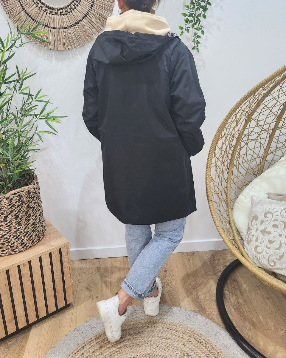 Parka fine femme longue réversible noire et beige Léopard 