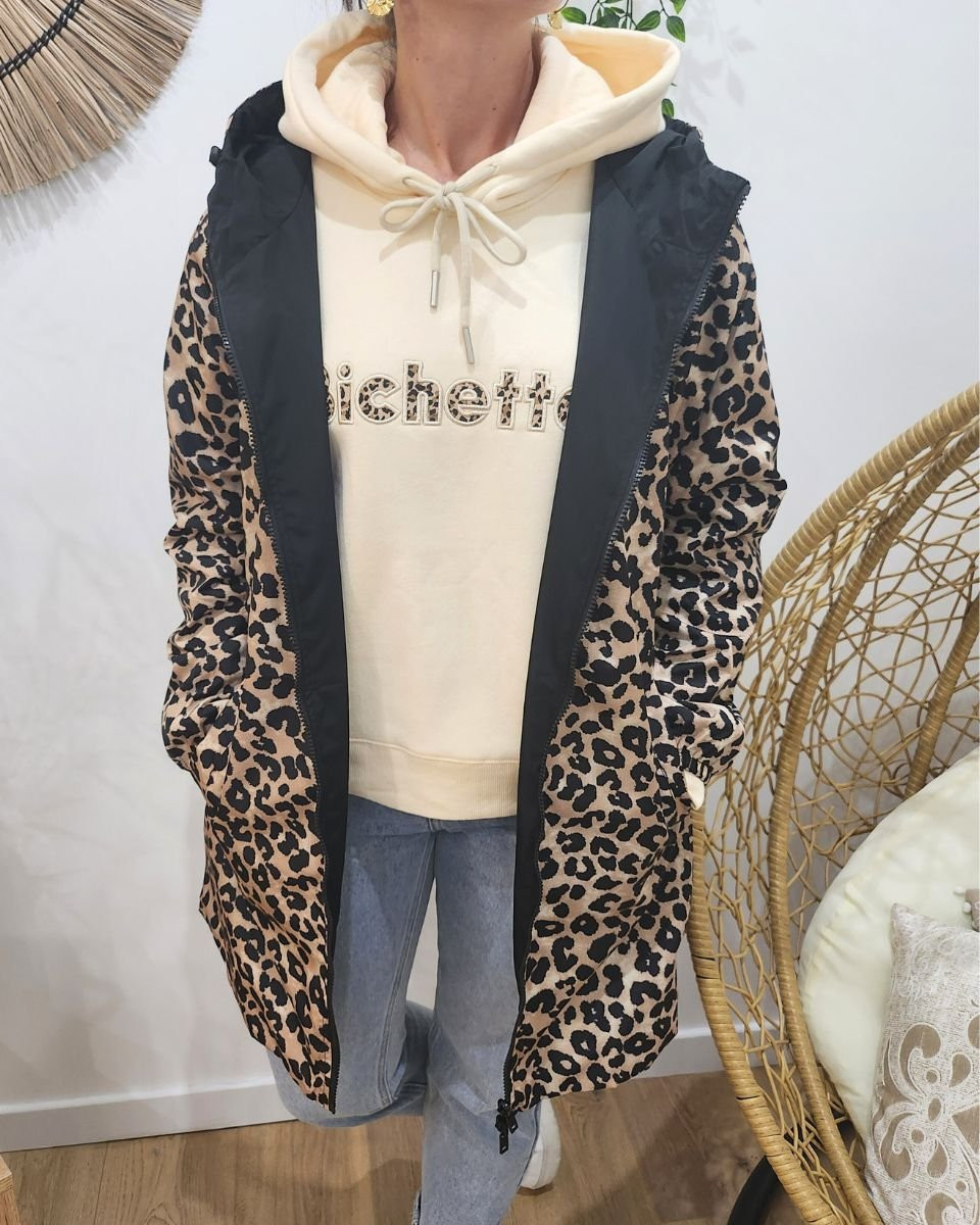 Parka fine femme longue réversible noire et beige Léopard 