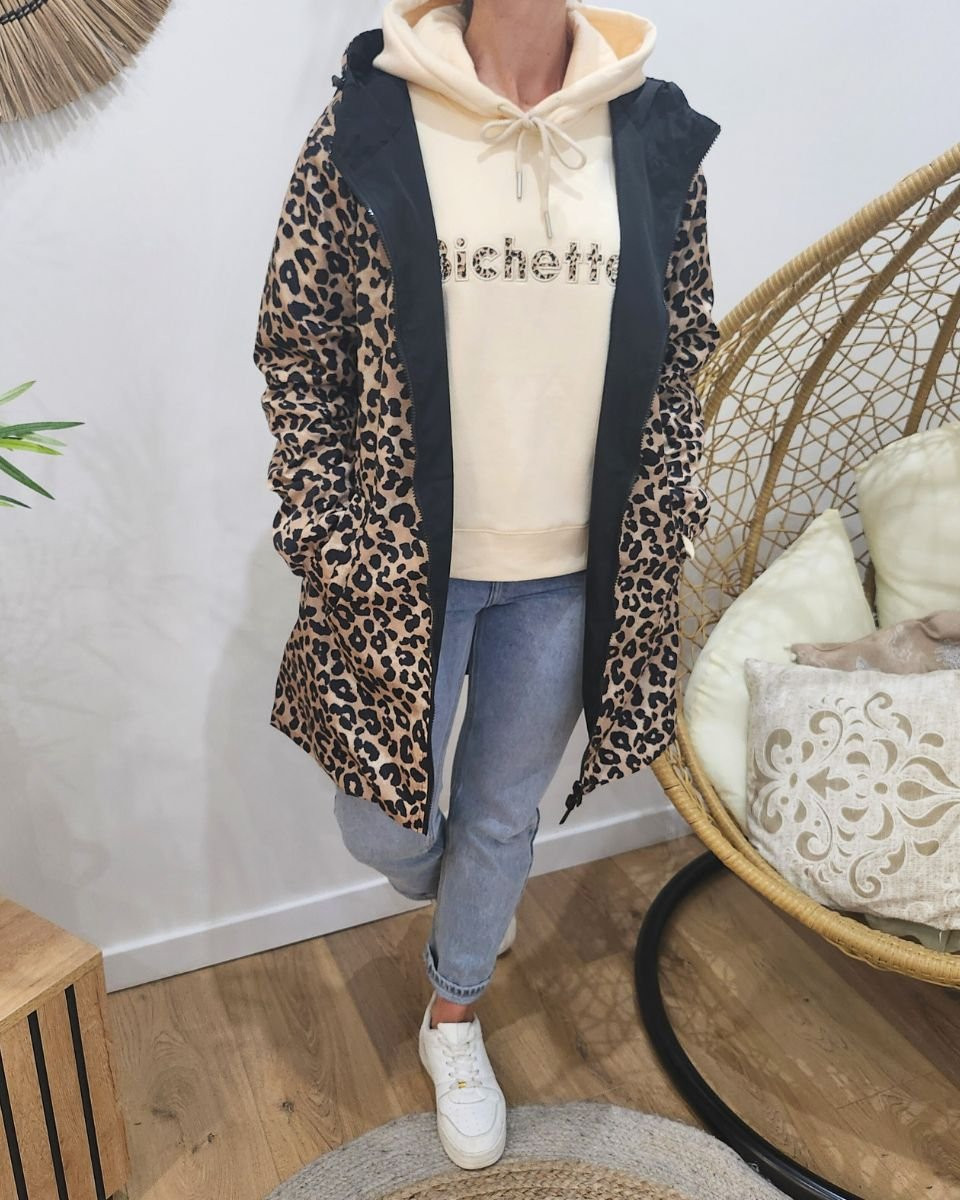 Parka fine femme longue réversible noire et beige Léopard 
