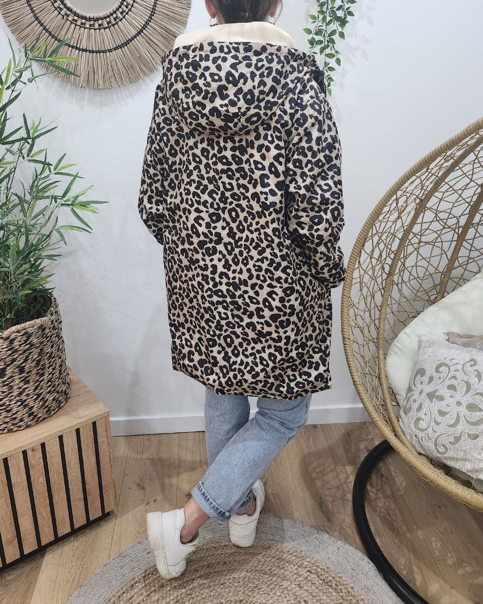 Parka fine femme longue réversible noire et beige Léopard 