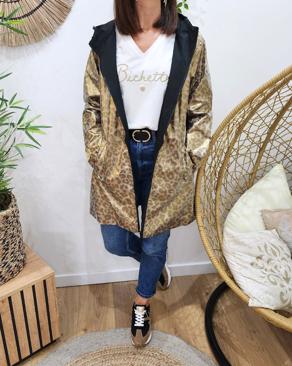 Parka fine femme longue réversible noire et léopard bronze