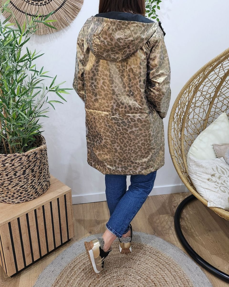 Parka fine femme longue réversible noire et léopard bronze