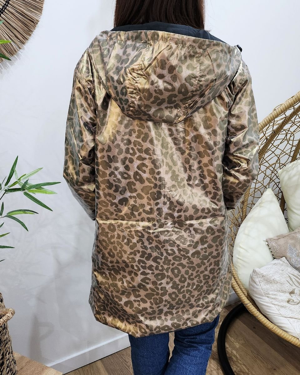 Parka fine femme longue réversible noire et léopard bronze