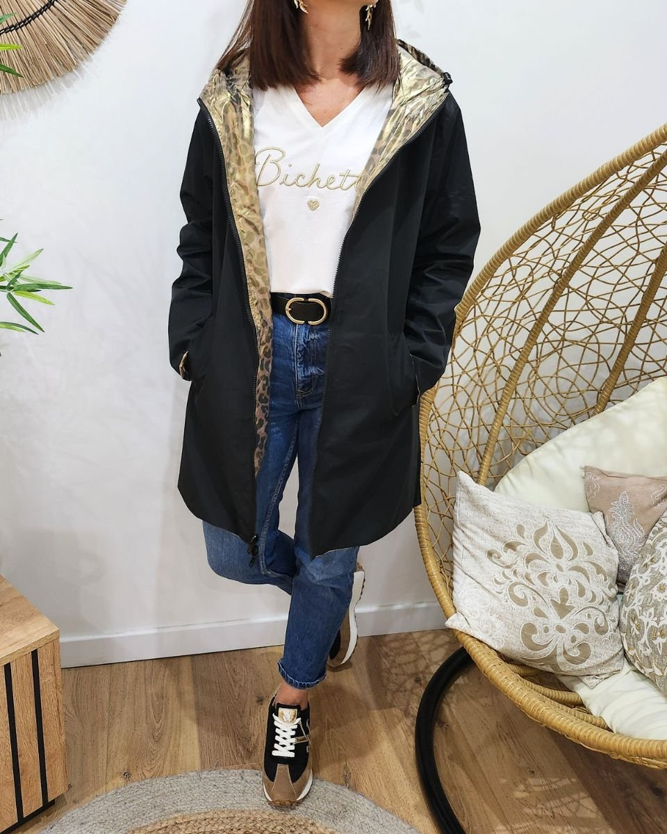 Parka fine femme longue réversible noire et léopard bronze