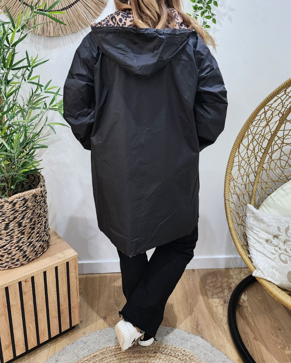 Parka fine femme longue réversible noire et léopard camel