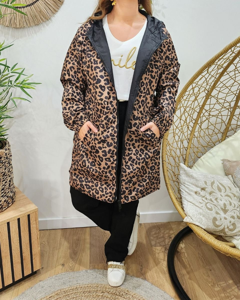 Parka fine femme longue réversible noire et léopard camel
