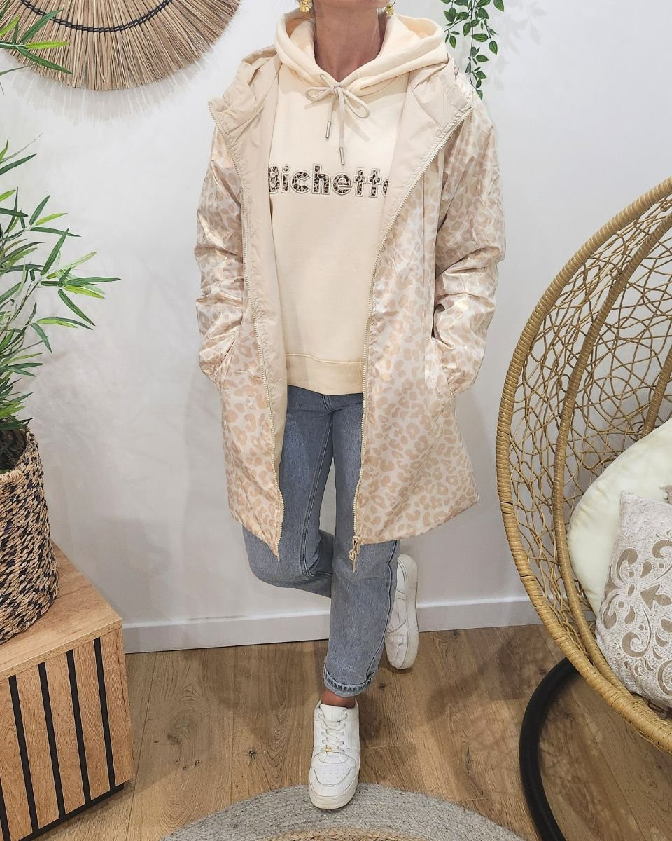 Parka fine femme longue réversible beige et léopard or