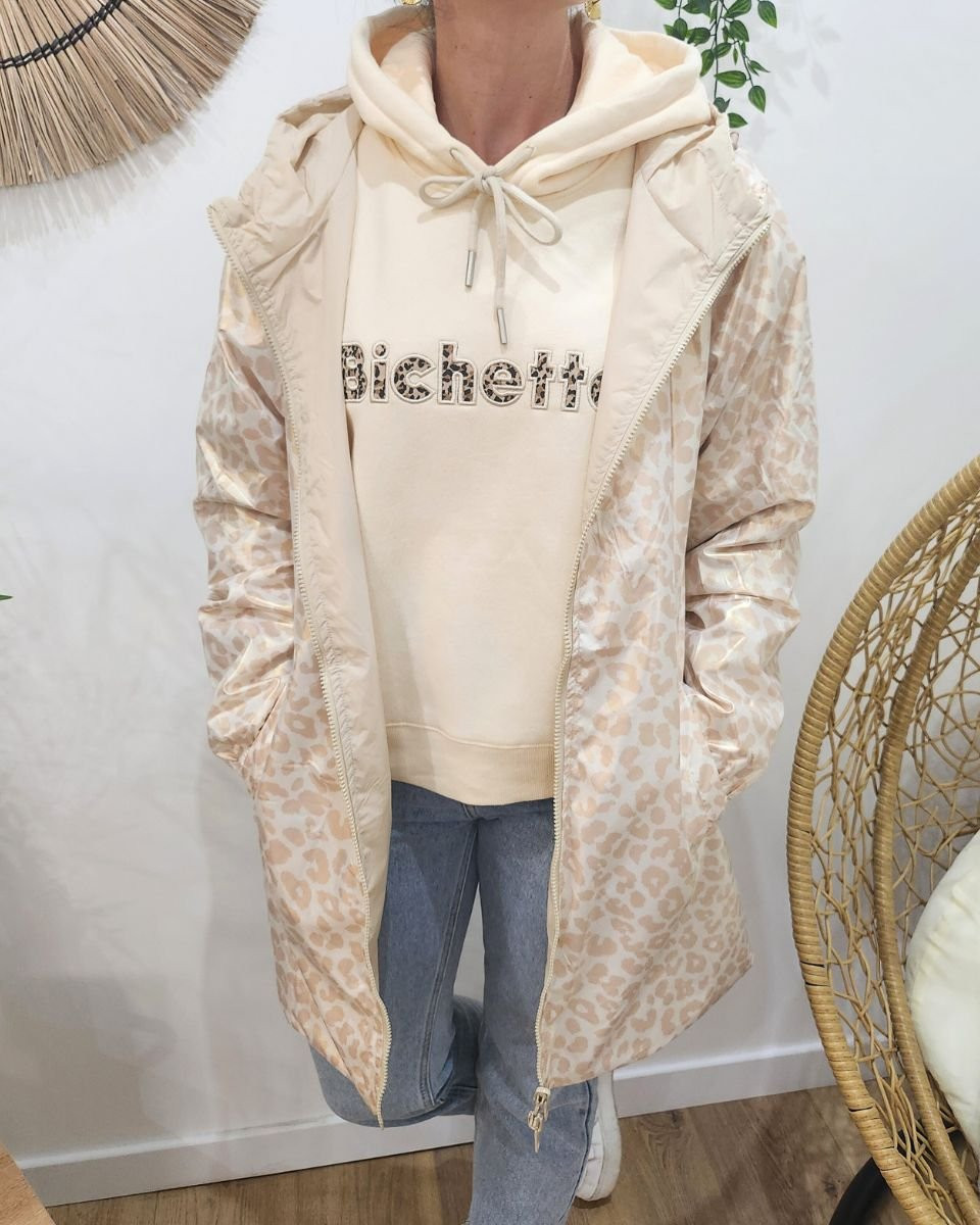 Parka fine femme longue réversible beige et léopard or