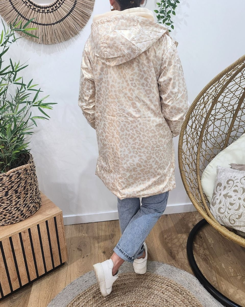 Parka fine femme longue réversible beige et léopard or