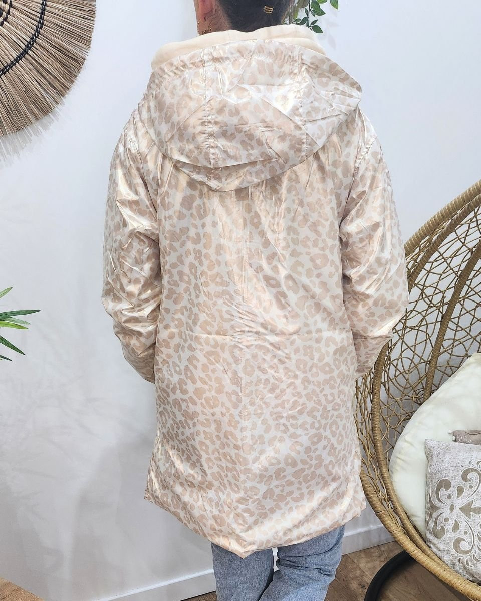 Parka fine femme longue réversible beige et léopard or