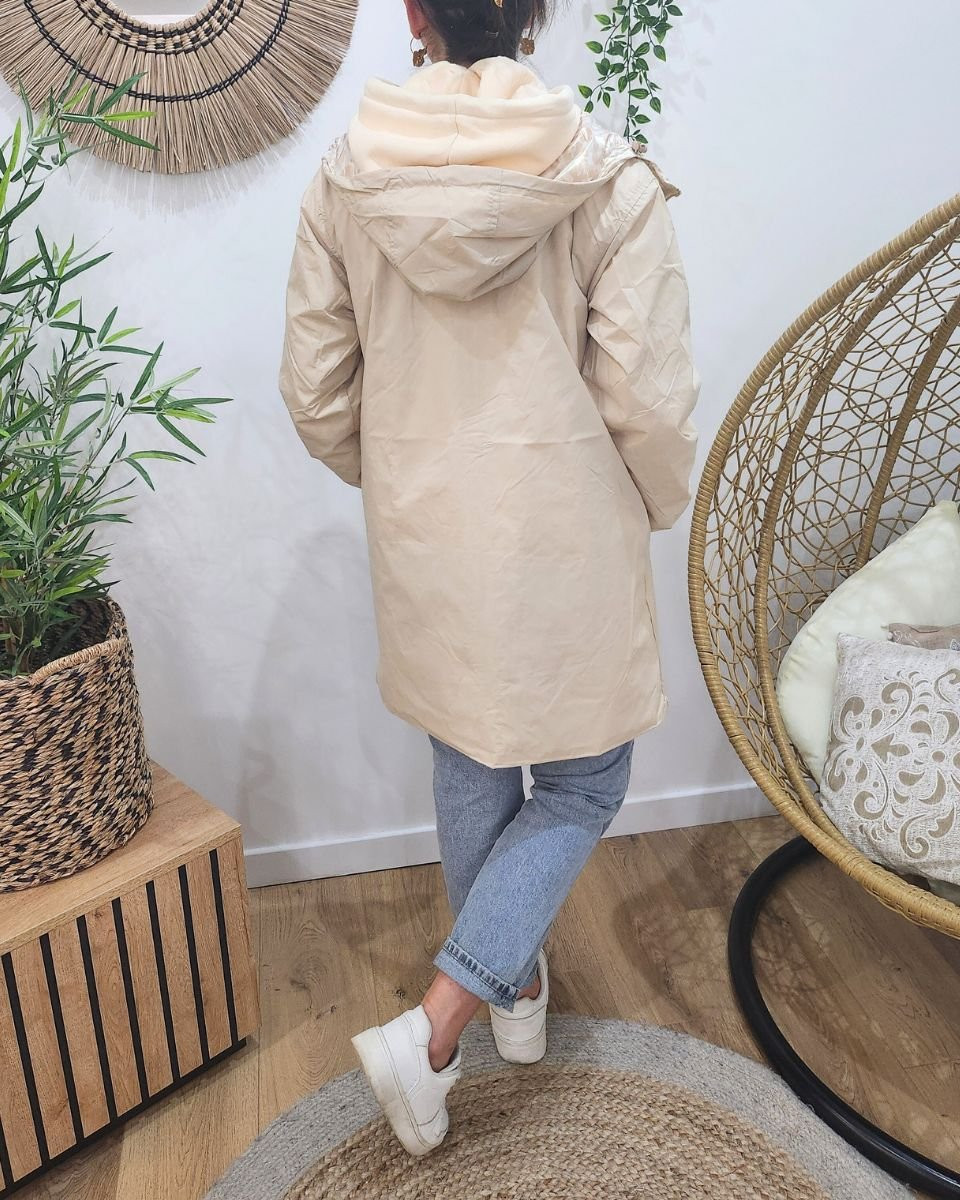 Parka fine femme longue réversible beige et léopard or