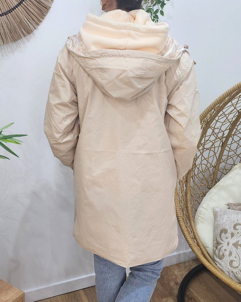 Parka fine femme longue réversible beige et léopard or