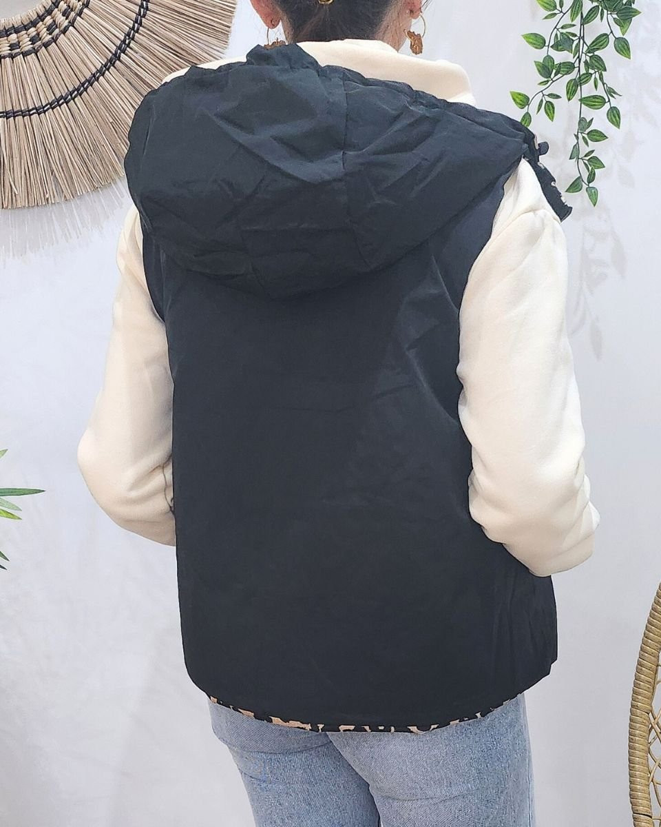 Doudoune femme sans manches courte noire et léopard à capuche réversible