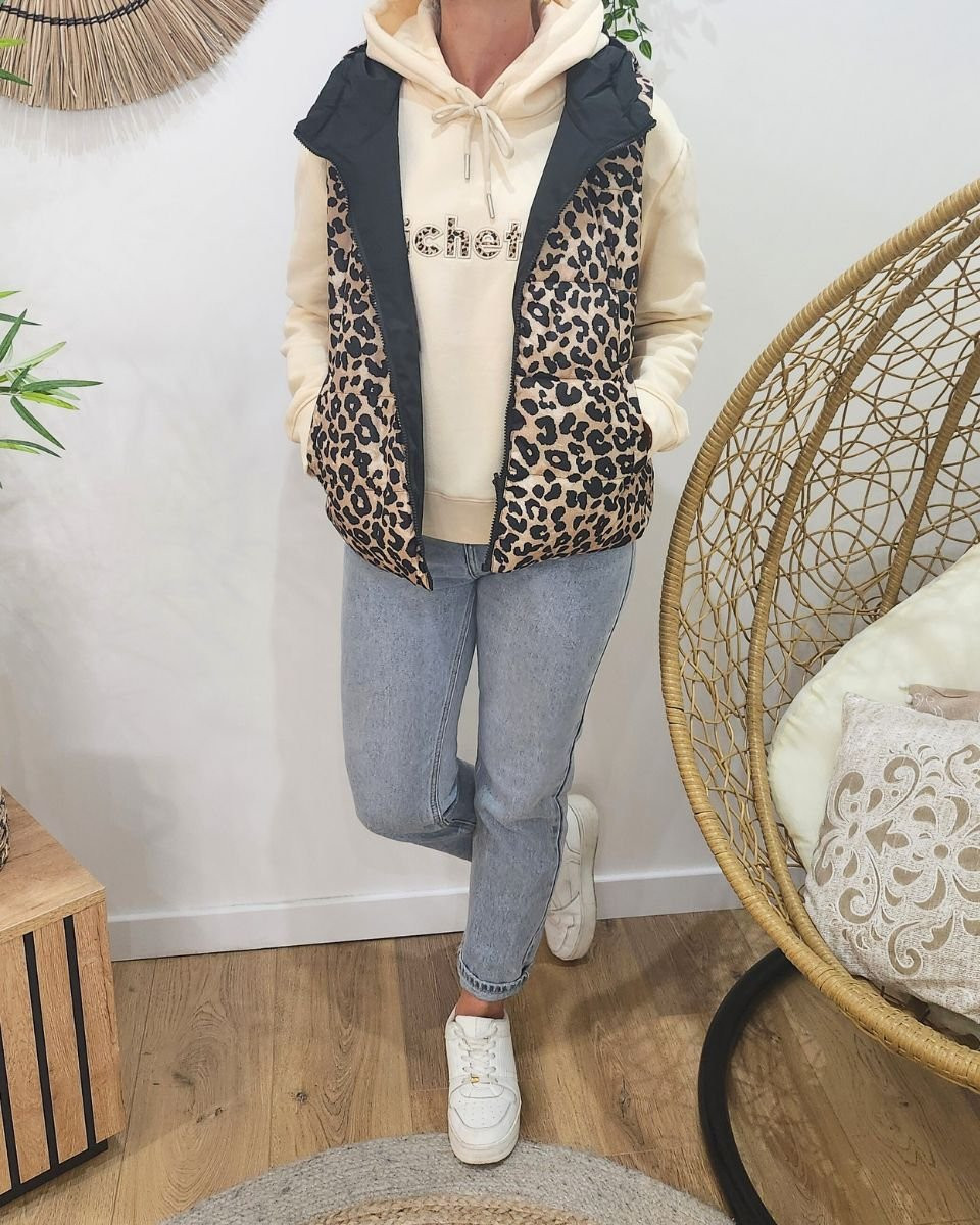 Doudoune femme sans manches courte noire et léopard à capuche réversible