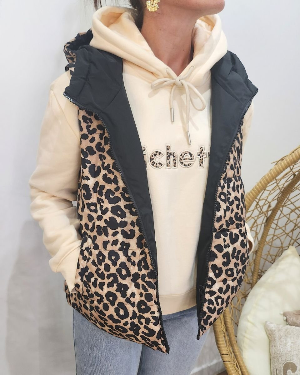 Doudoune femme sans manches courte noire et léopard à capuche réversible