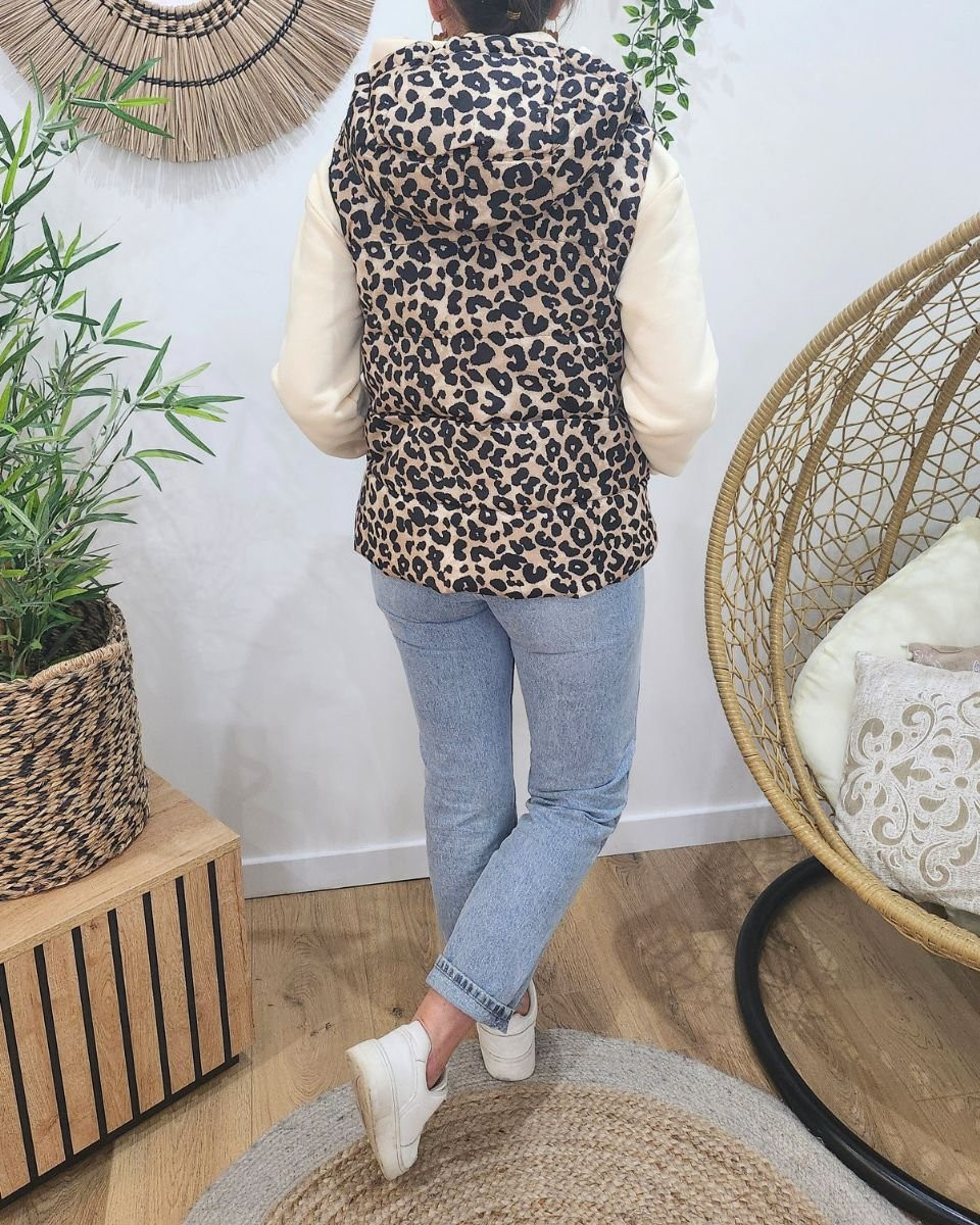 Doudoune femme sans manches courte noire et léopard à capuche réversible