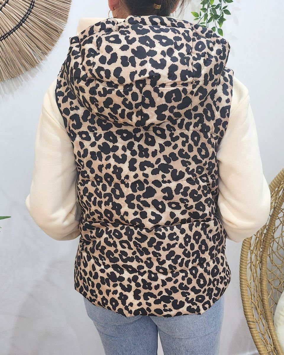 Doudoune femme sans manches courte noire et léopard à capuche réversible