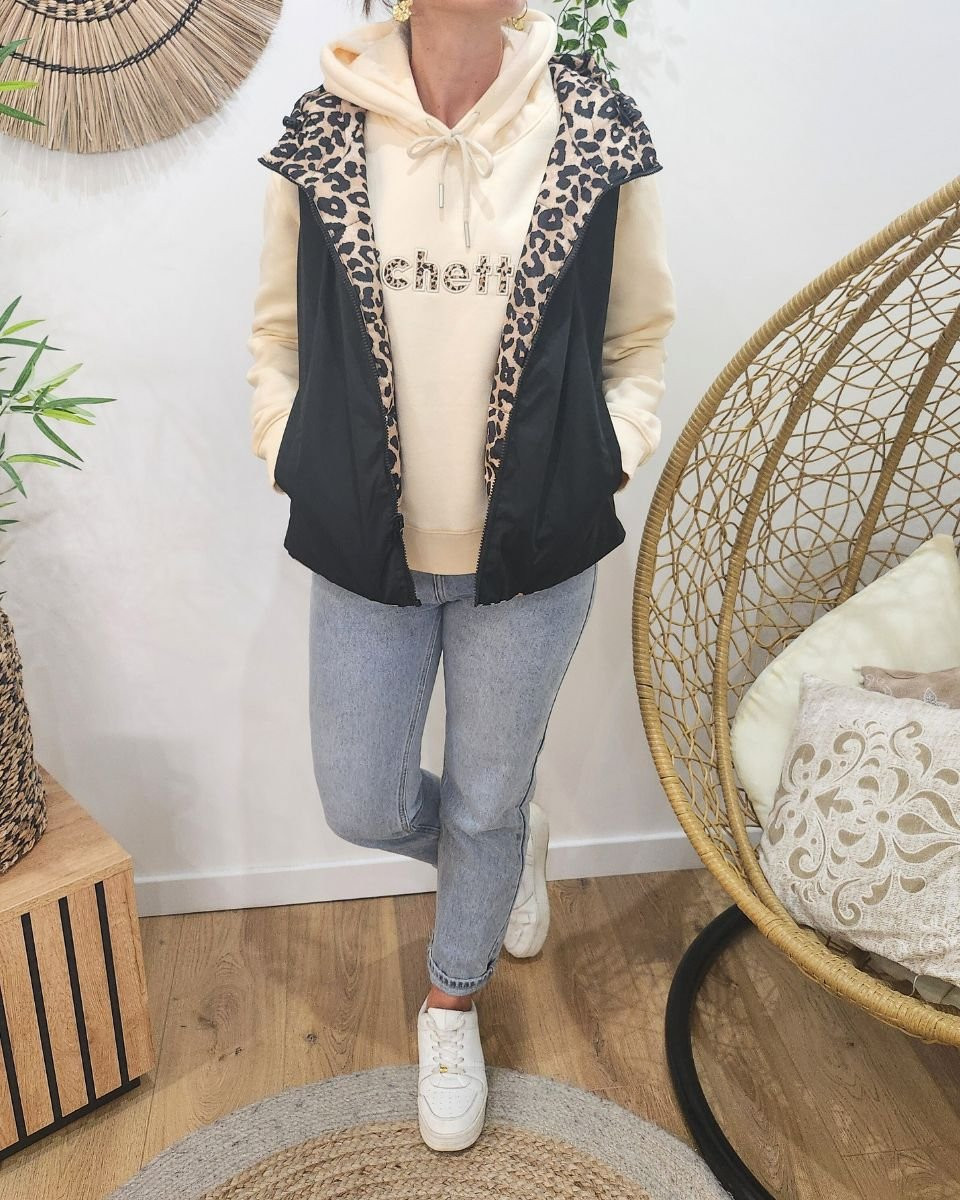 Doudoune femme sans manches courte noire et léopard à capuche réversible