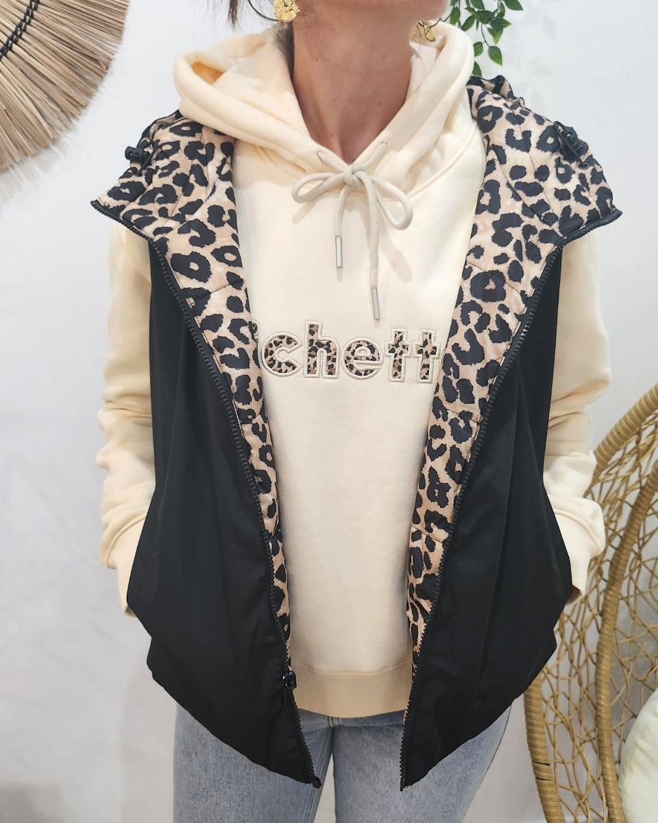 Doudoune femme sans manches courte noire et léopard à capuche réversible