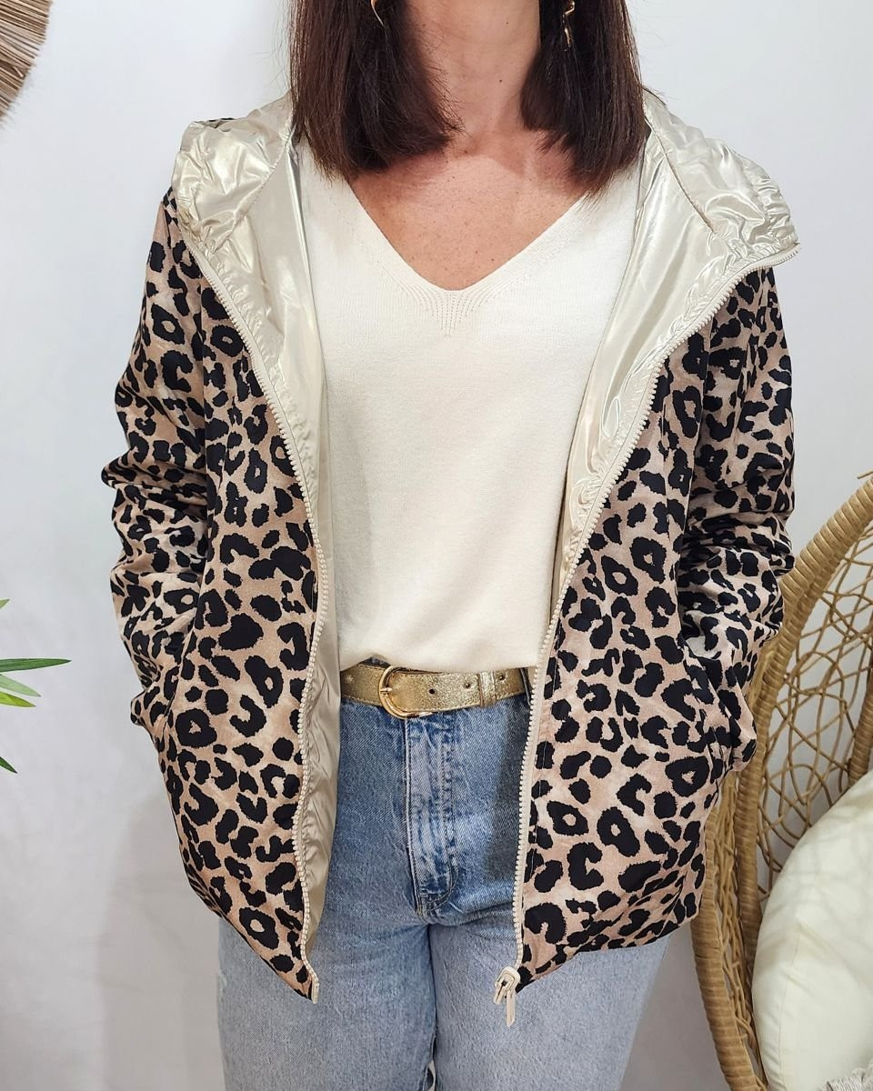 Parka fine femme courte réversible dorée et Léopard noir et beige 