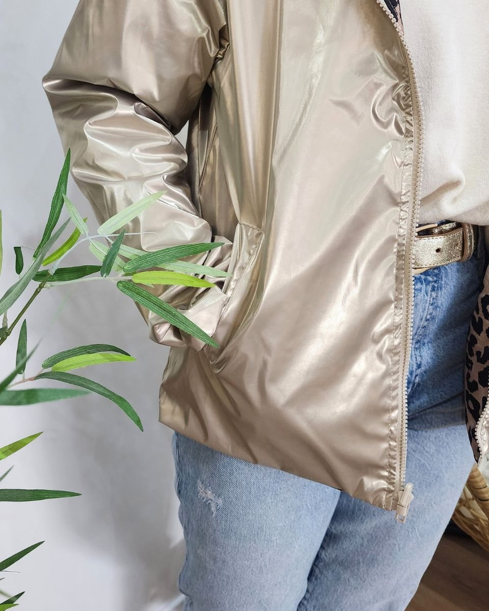 Parka fine femme courte réversible dorée et Léopard noir et beige 