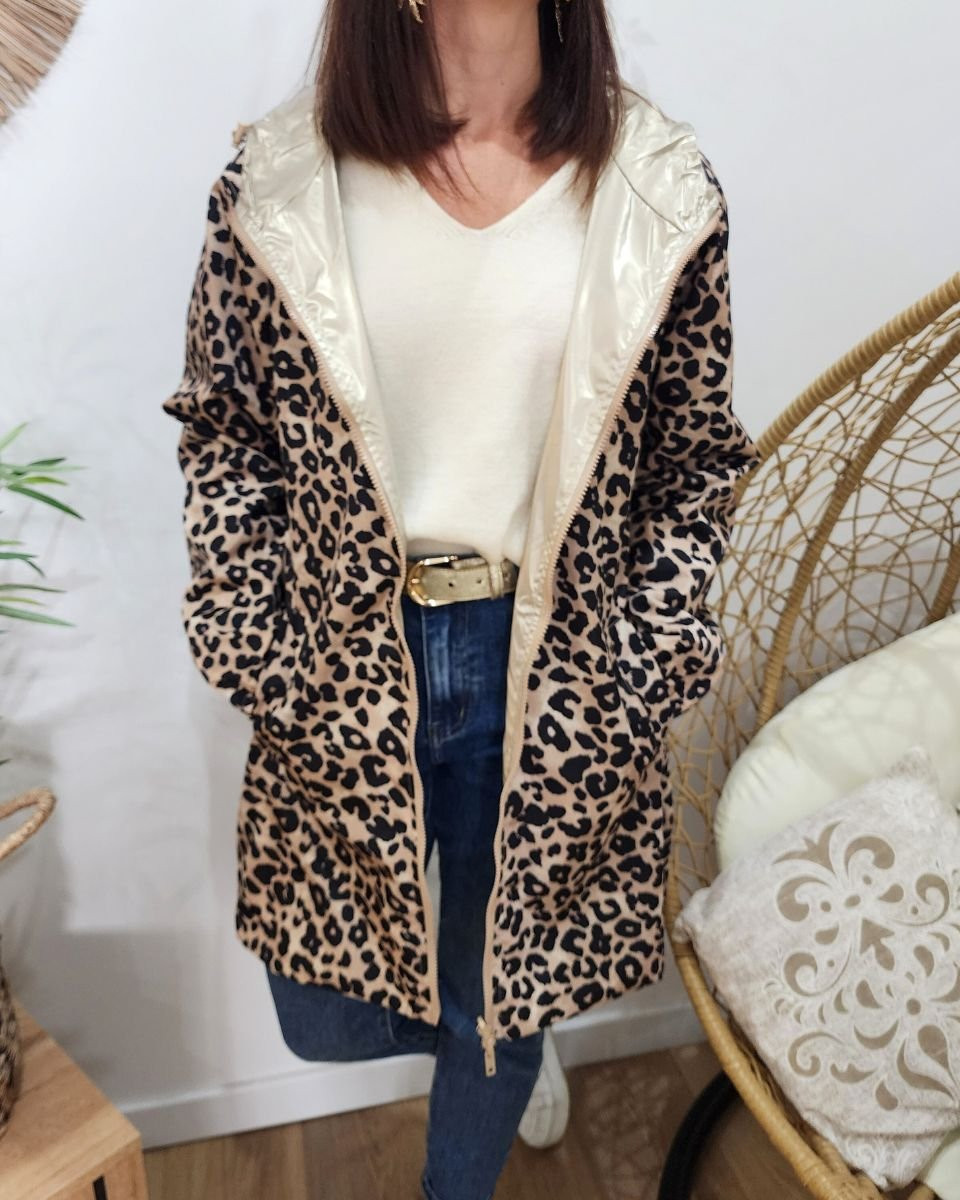 Parka fine femme longue réversible dorée et Léopard noir et beige 