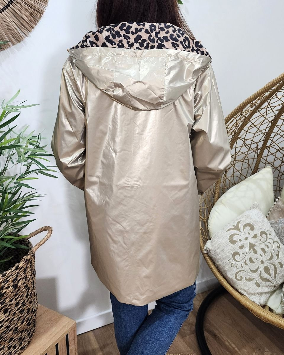 Parka fine femme longue réversible dorée et Léopard noir et beige 