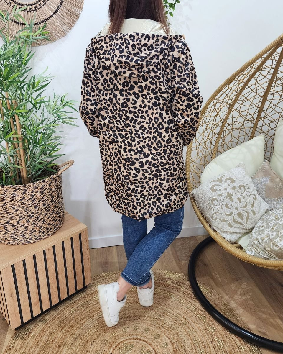 Parka fine femme longue réversible dorée et Léopard noir et beige 