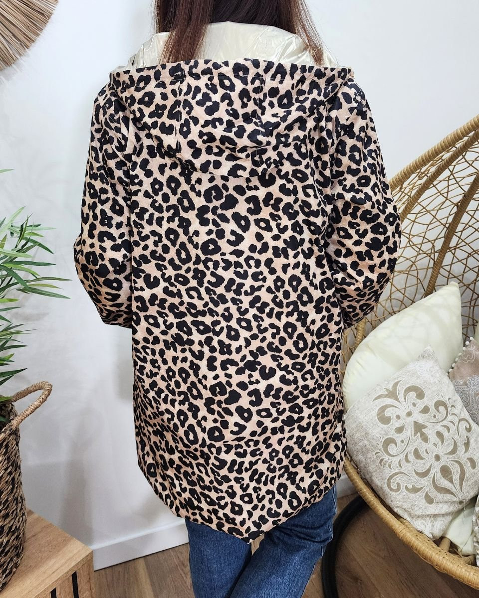 Parka fine femme longue réversible dorée et Léopard noir et beige 