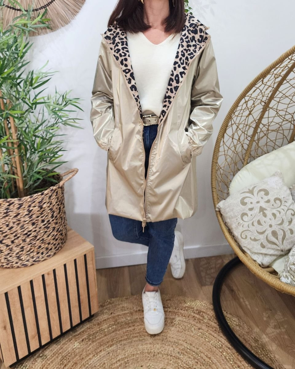 Parka fine femme longue réversible dorée et Léopard noir et beige 